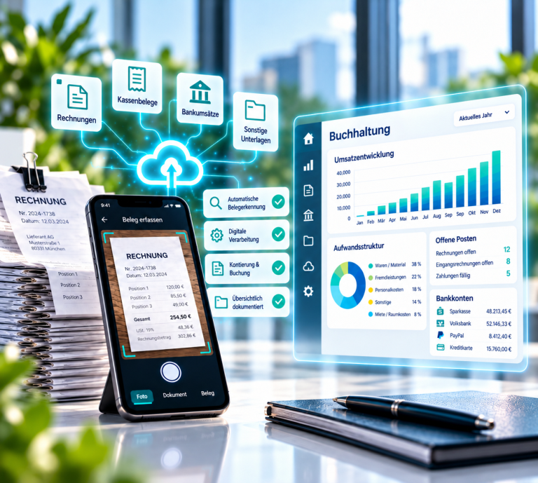 Digitale Buchhaltung mit Belegverarbeitung, Bankumsätzen, Automatisierung und Auswertungen