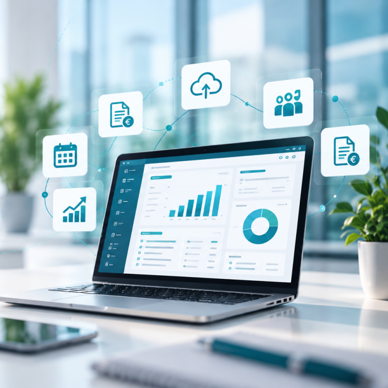 Laptop mit digitalem Buchhaltungs-Dashboard und Symbolen für Lohnabrechnung und Buchhaltung