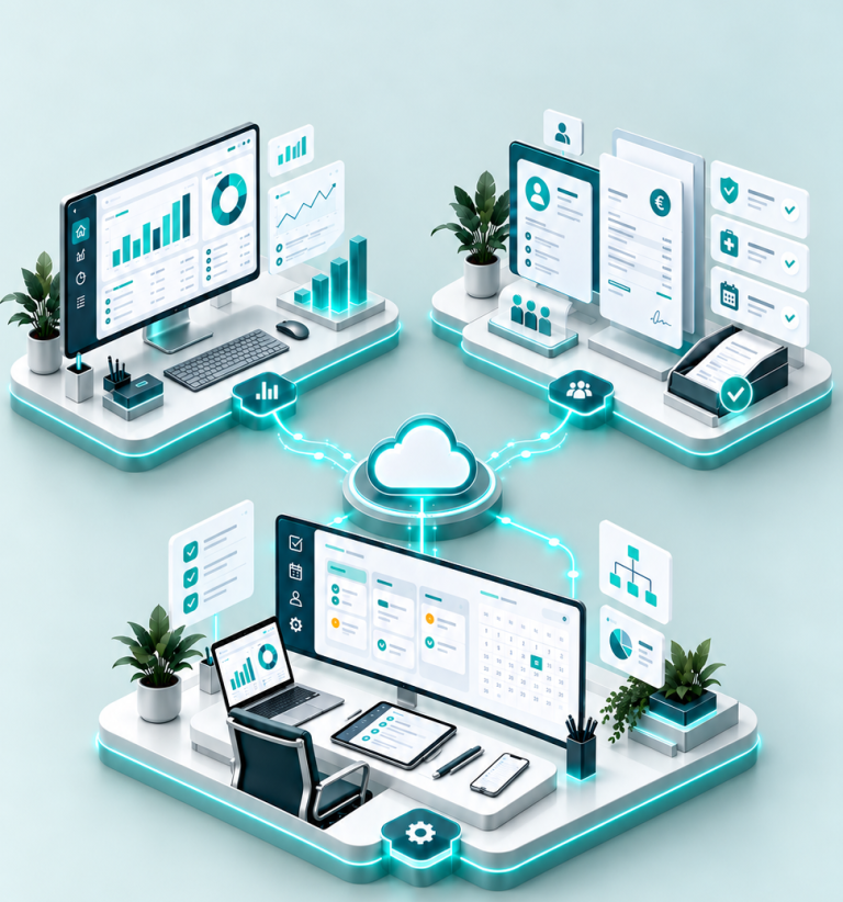 Vernetzte digitale Arbeitsbereiche für Finanzbuchhaltung, Lohn und Personal sowie Organisation mit zentralen digitalen Prozessen.